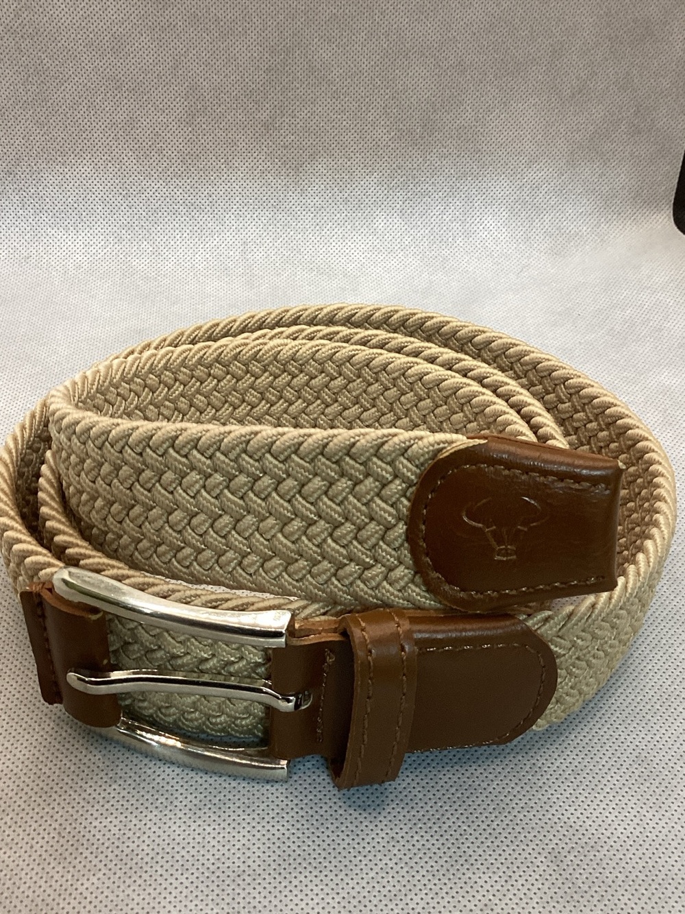 Men's Woven Stretch Belt with Brown Leather Trim - Beige